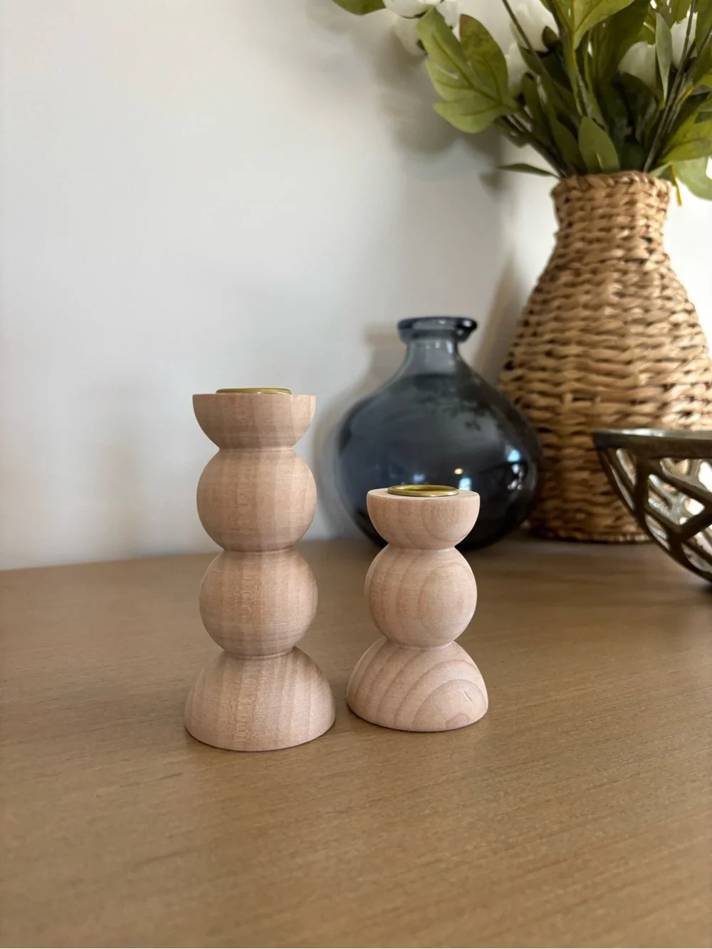 Amazon set of 2 Hand-Carved Wooden Stacked Ball Candle Holders